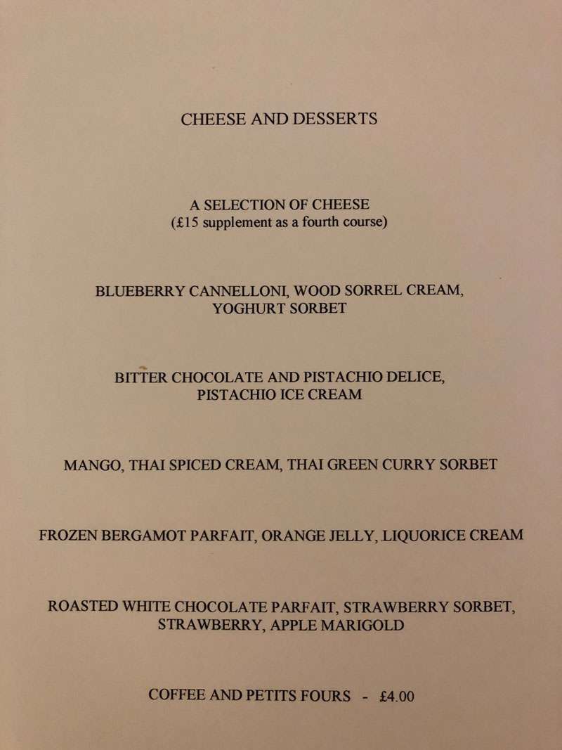 Cheese and dessert menu