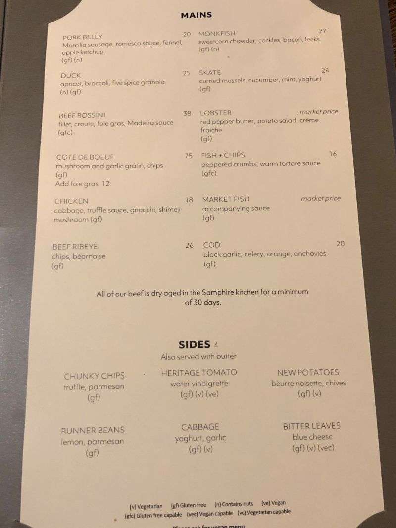A la carte main course menu