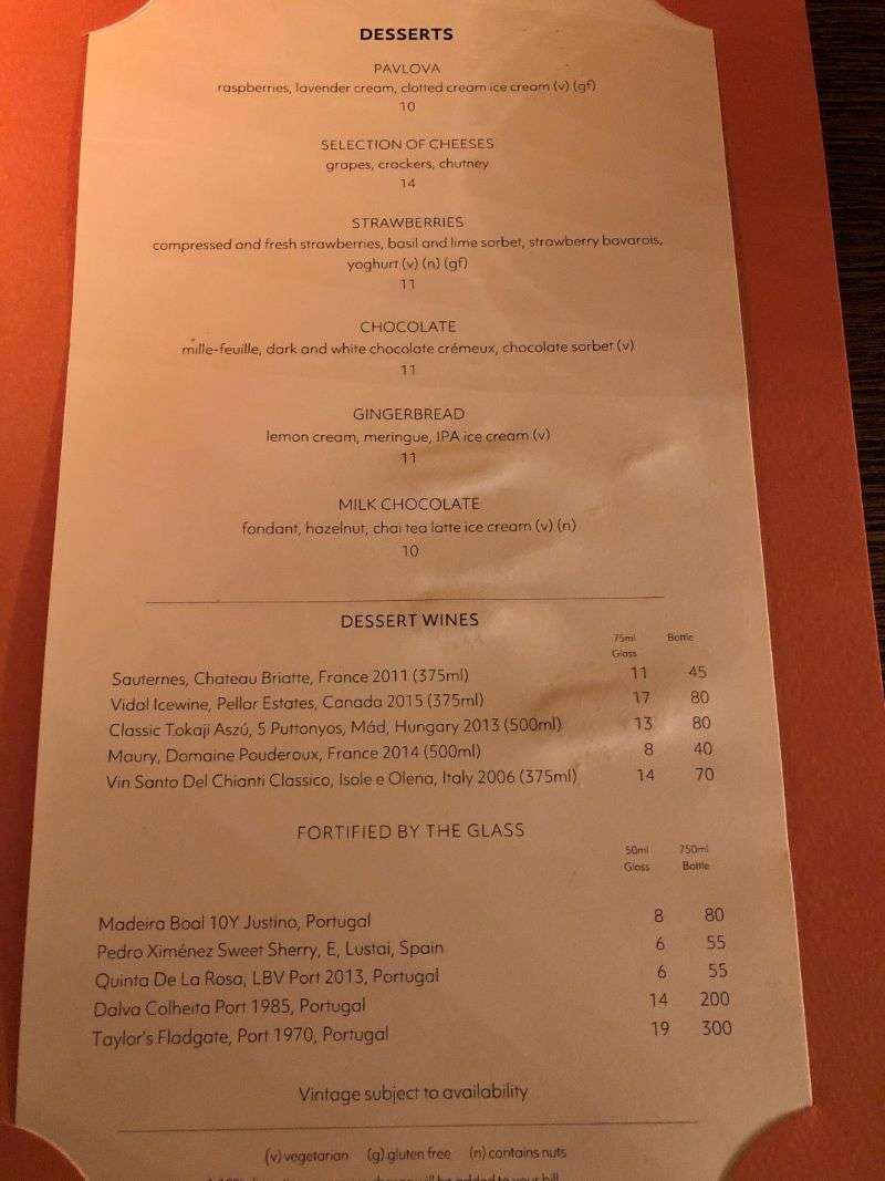 A la carte dessert menu