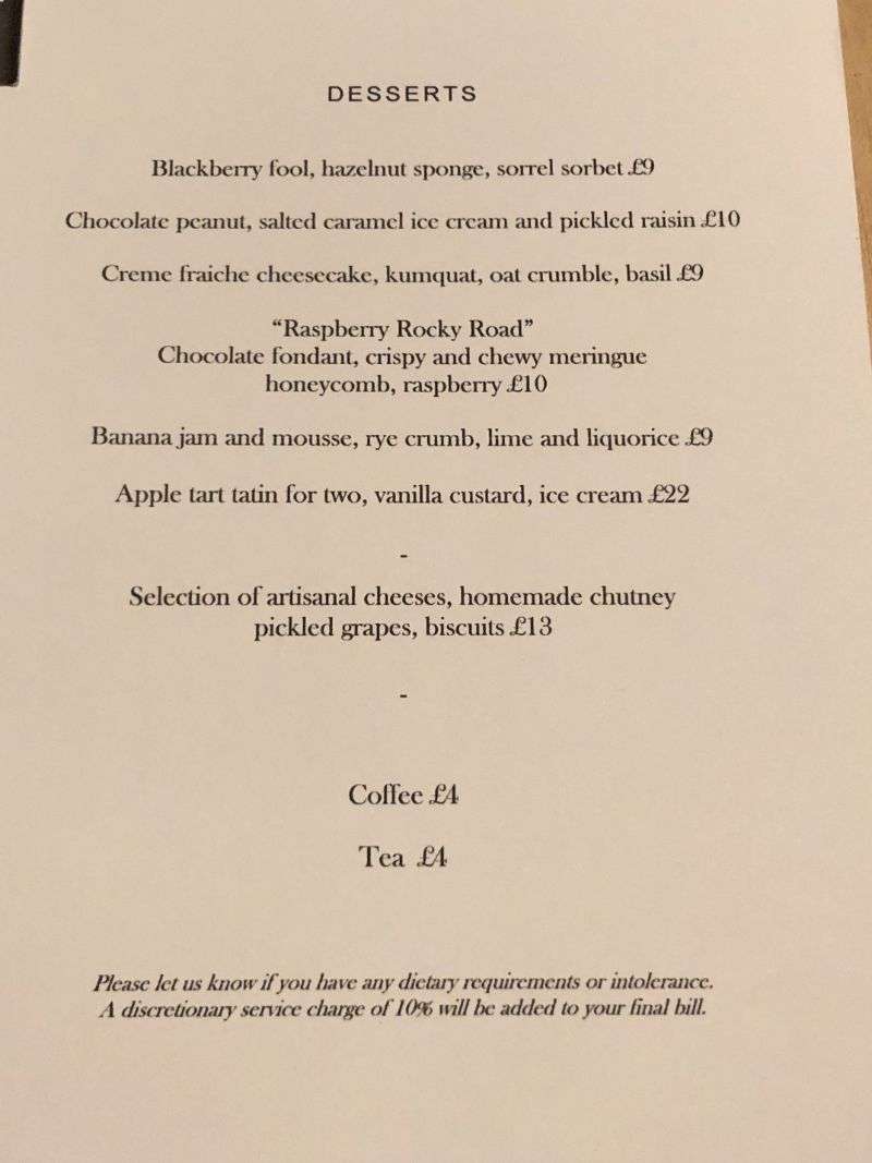 Dessert menu