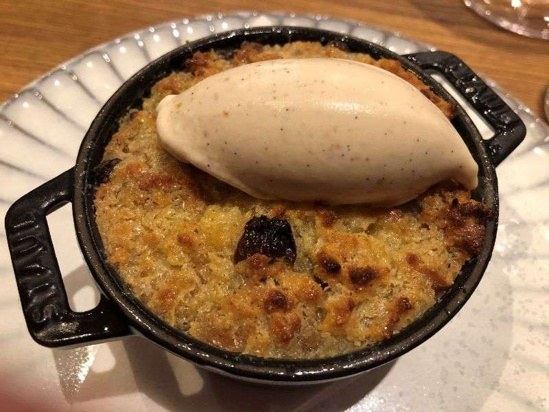 Dessert of bread-and-butter pudding