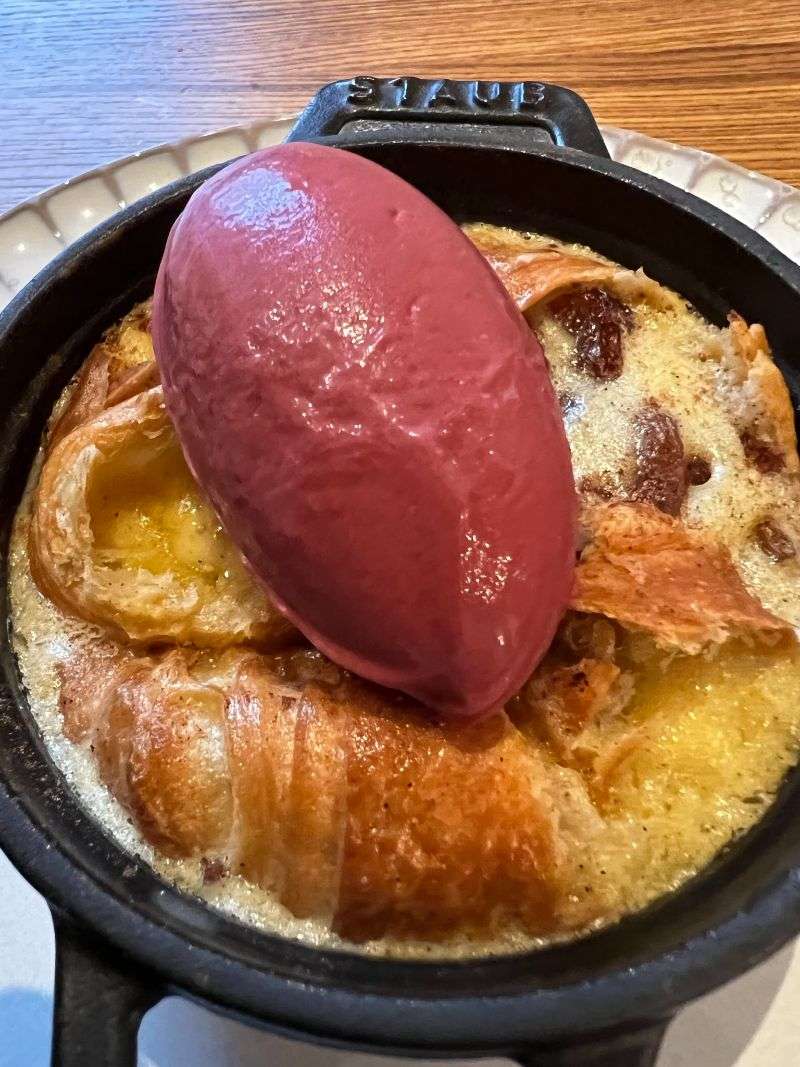 Dessert of bread-and-butter pudding