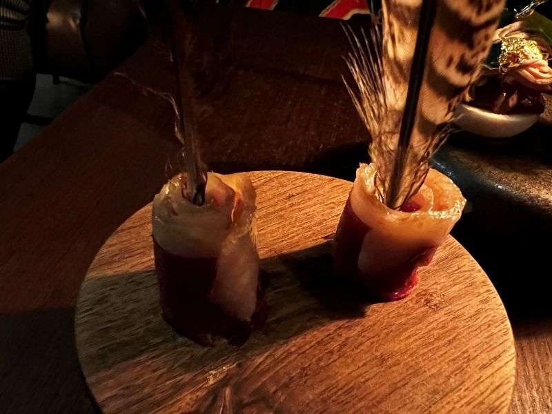 snack of passion fruit gel and home cured smoked duck snack of passion fruit gel and home cured smoked duck