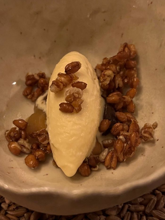 A pre-dessert of Farro grain ice cream