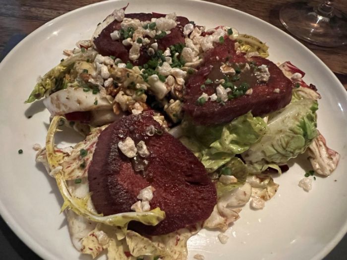 Starter of grilled ox tongue and stilton