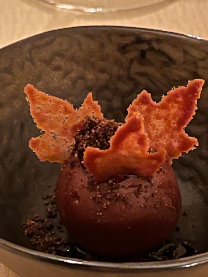 Tasting menu dessert of 75% chocolate