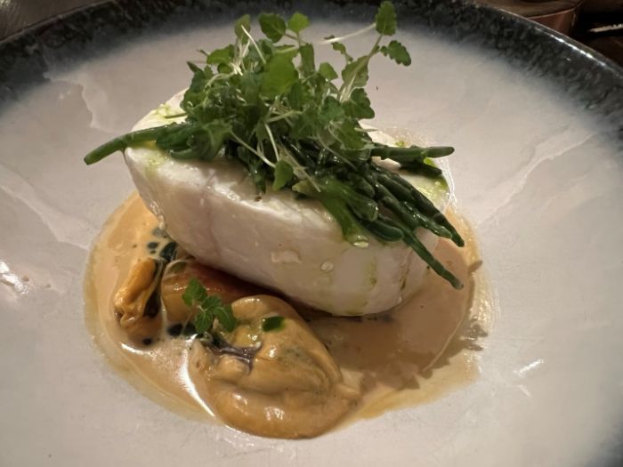 Grey’s restaurant main course of Gigha halibut