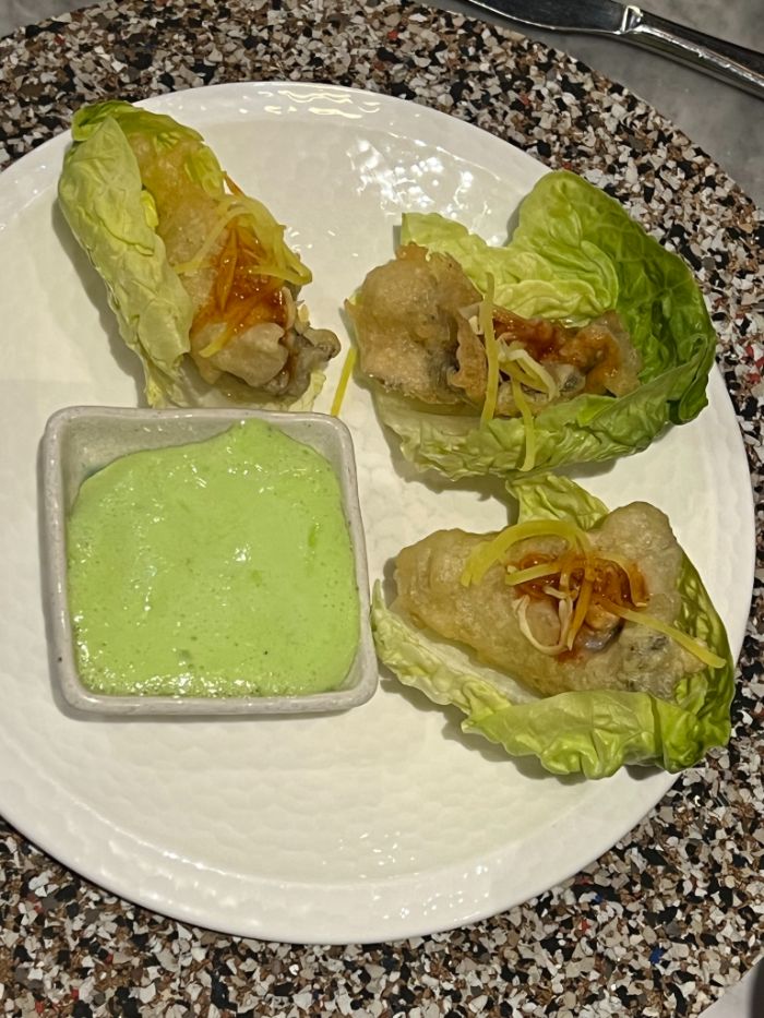 Three tempura oysters with wasabi mayonnaise Three tempura oysters with wasabi mayonnaise