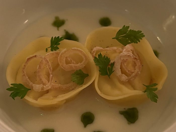 Appetizer of Comte cheese tortellini Appetizer of Comte cheese tortellini
