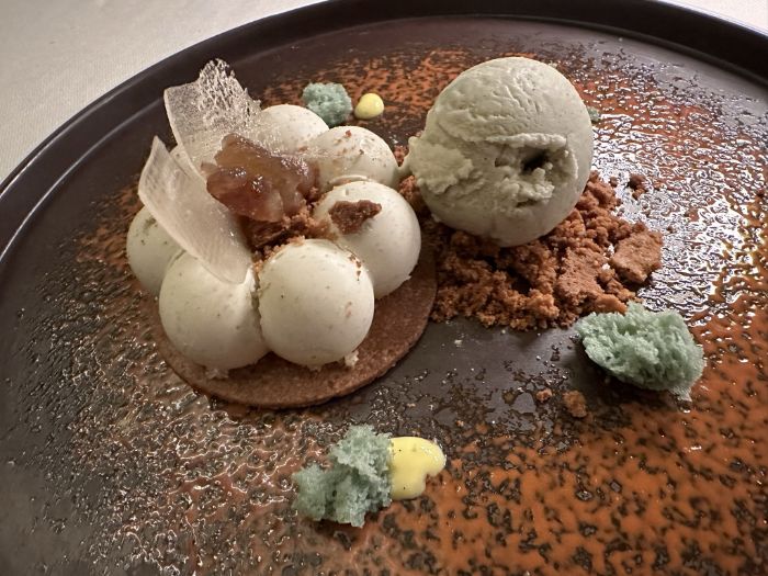 Dessert of white chocolate mousse and chanterelles