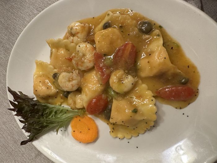 Garden pumpkin ravioli with prawns
