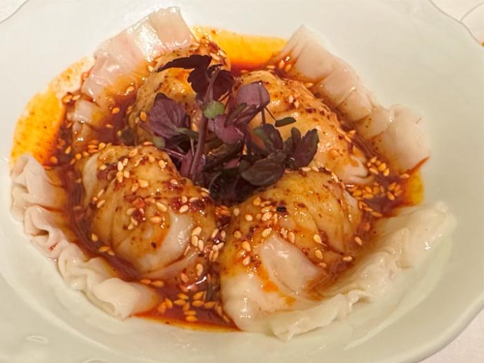 Szechuan prawn and shiso cress dumpling Szechuan prawn and shiso cress dumpling