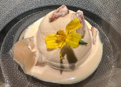 Caramelised rum gelato, with poached pear Caramelised rum gelato, with poached pear