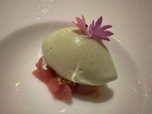 Pre-dessert of mulled apple compot on the bottom