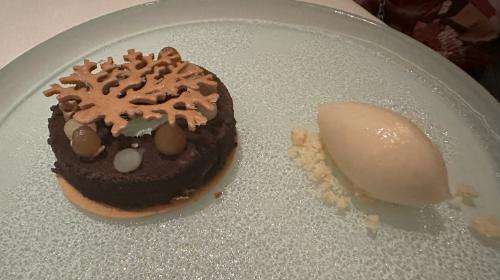 Dessert of pear and hazelnut parfait