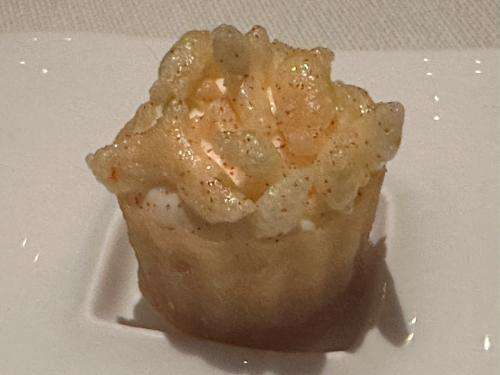 Croustade canape with celeriac and apple espuma