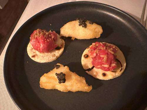 Snacks - Lamb and olive cod cheek and caviar Snacks - Lamb and olive cod cheek and caviar