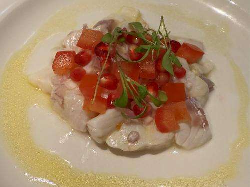 Sea bass ceviche with chilli, pomegranate and coriander