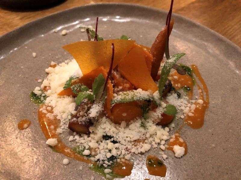 Baked carrots, with Doddington cheese “snow”