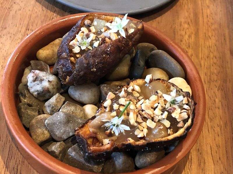 Crispy Jerusalem artichoke, apple and hazelnut snack.