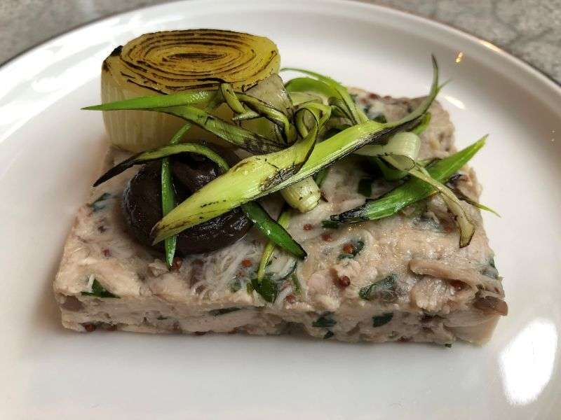 Chicken terrine, black pudding and charred leaks Chicken terrine, black pudding and charred leaks