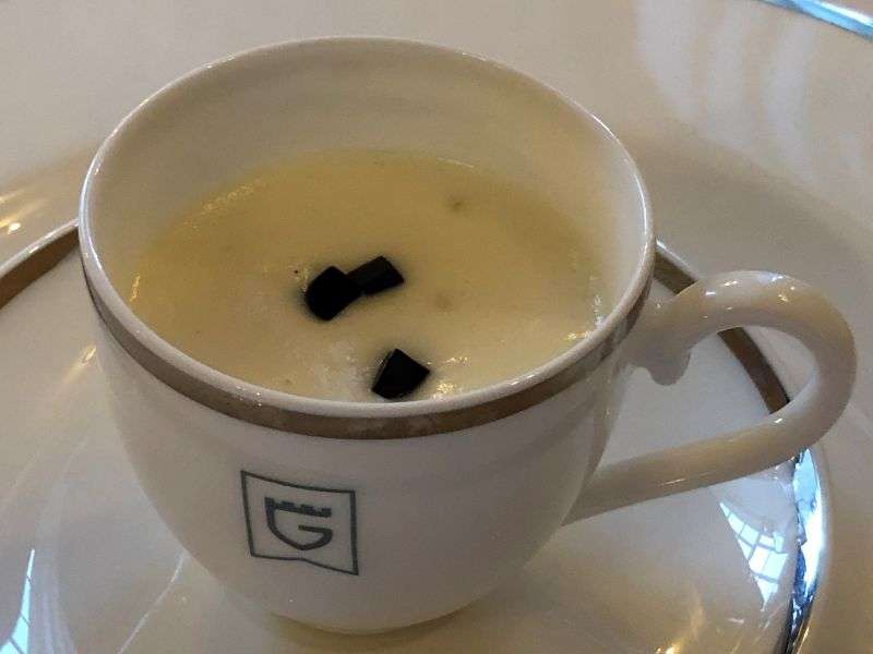 Celeriac velouté with balsamic vinegar jelly Celeriac velouté with balsamic vinegar jelly