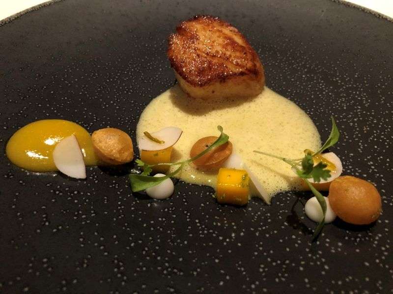 Hand dived Orkney scallops, curry, mango and coconut Hand dived Orkney scallops, curry, mango and coconut