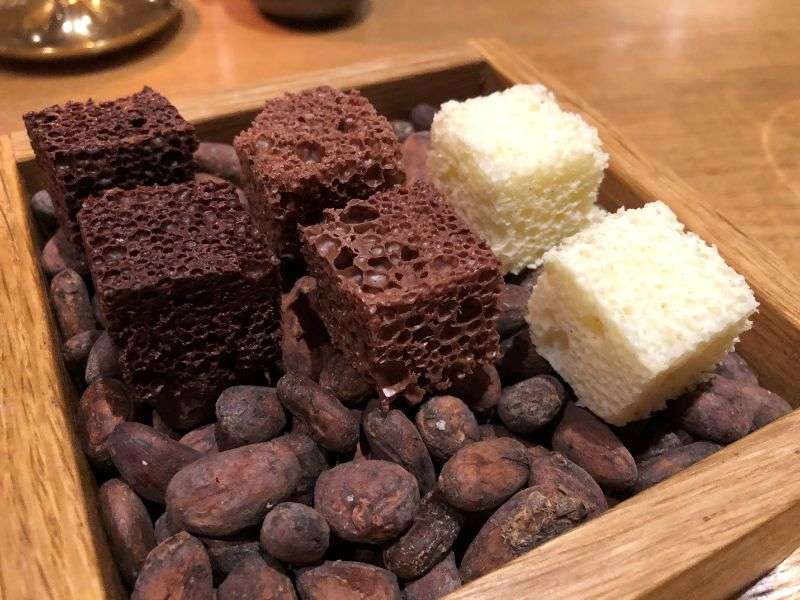 Aerated chocolate petit fours flavoured with garden herbs