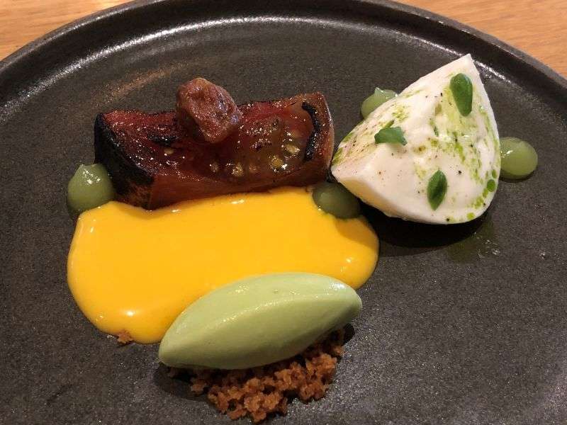 Sun gold beef tomato, English mozzarella and basil sorbet