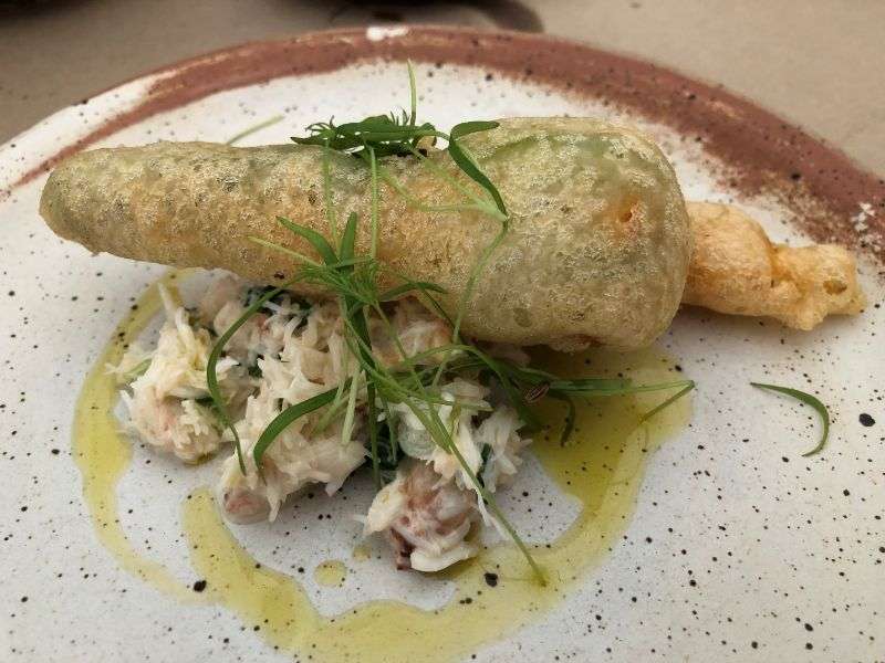 Tempura courgette flower, crab, crème fraiche